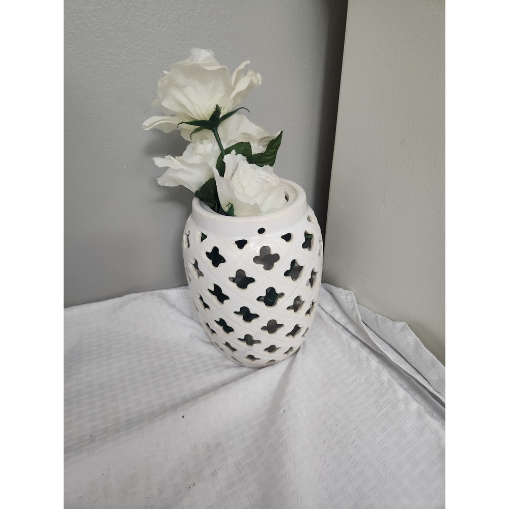 White Ceramic Lattice Cut Out Vase with Artificial Roses Floral Arrangement